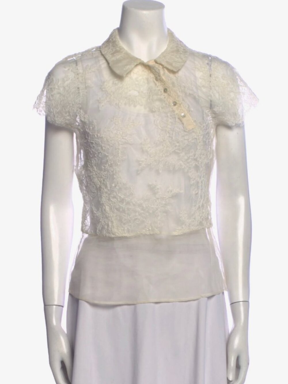 VTG Mayle "La Feminine" Sheer Lace Collared Blouse Top – Cream / Ivory, Size 2